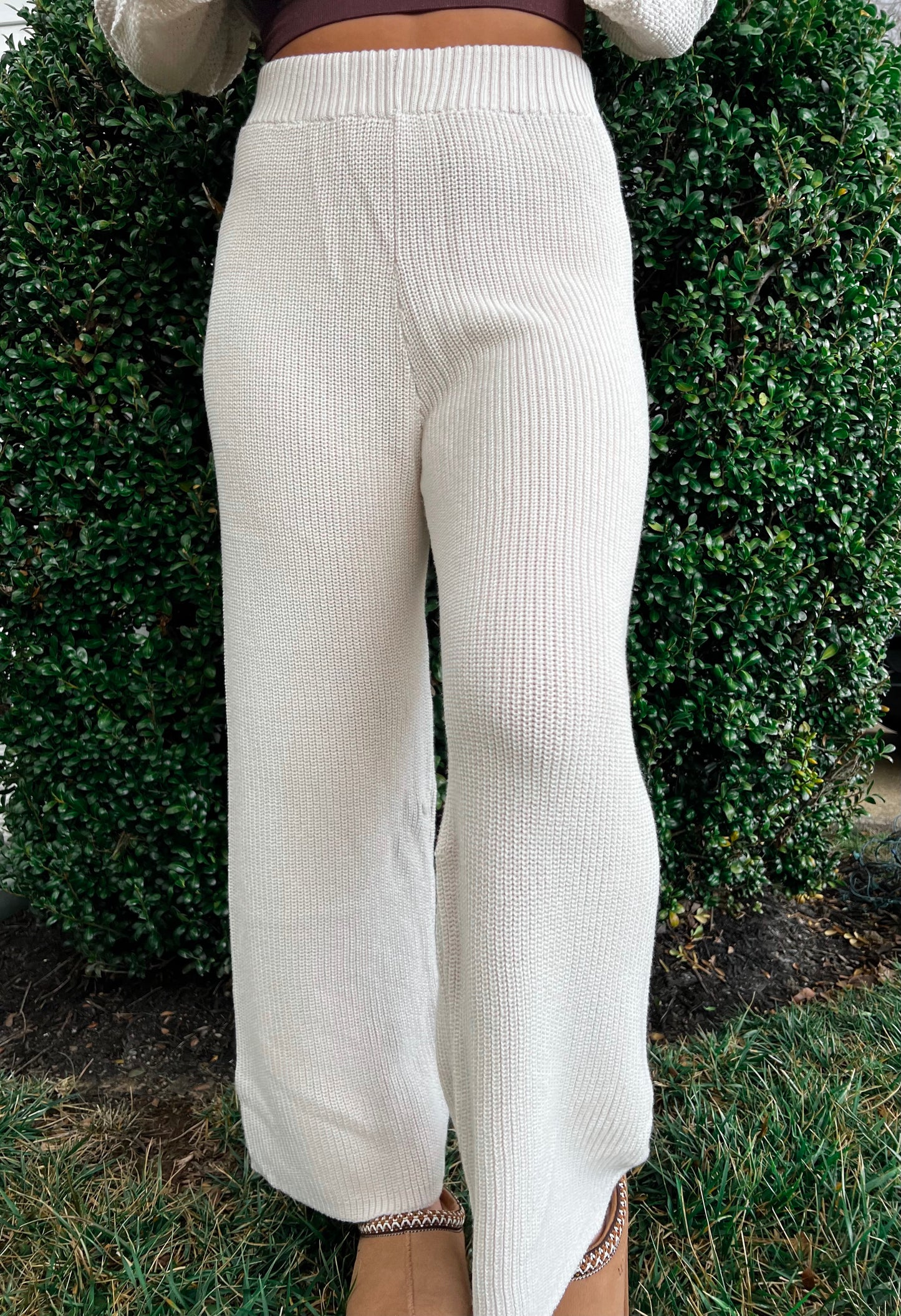 Waffle Knit Wide Leg Pants - Almond