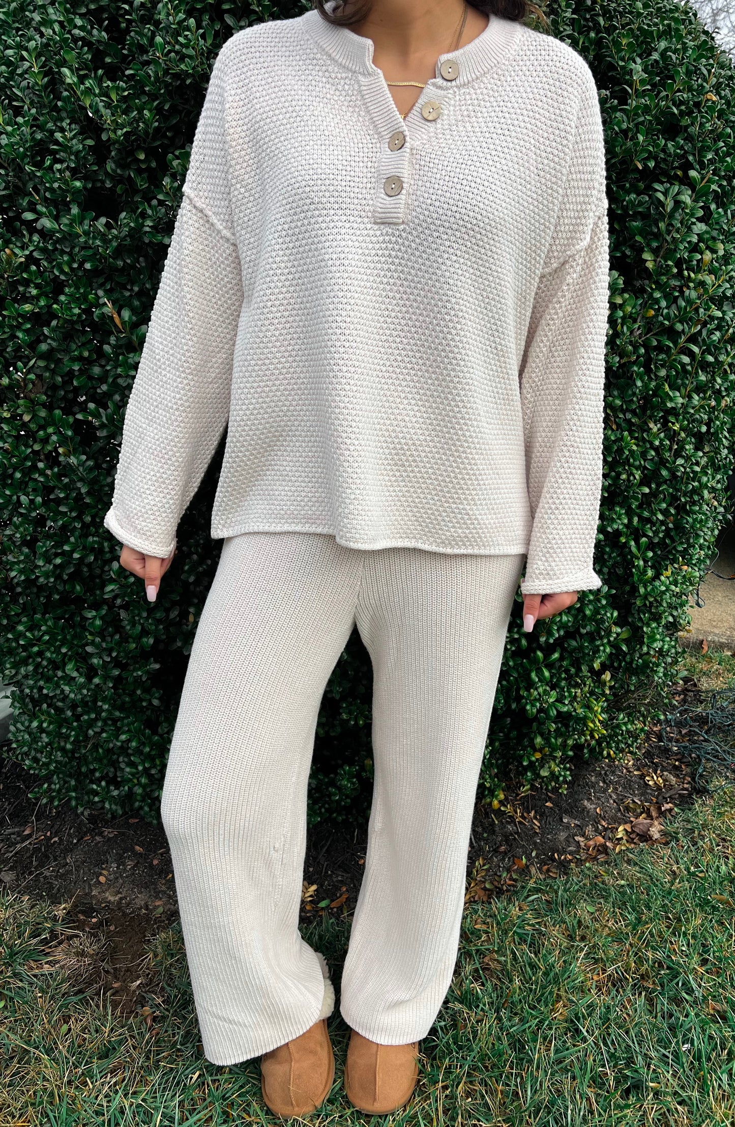 Waffle Knit Wide Leg Pants - Almond